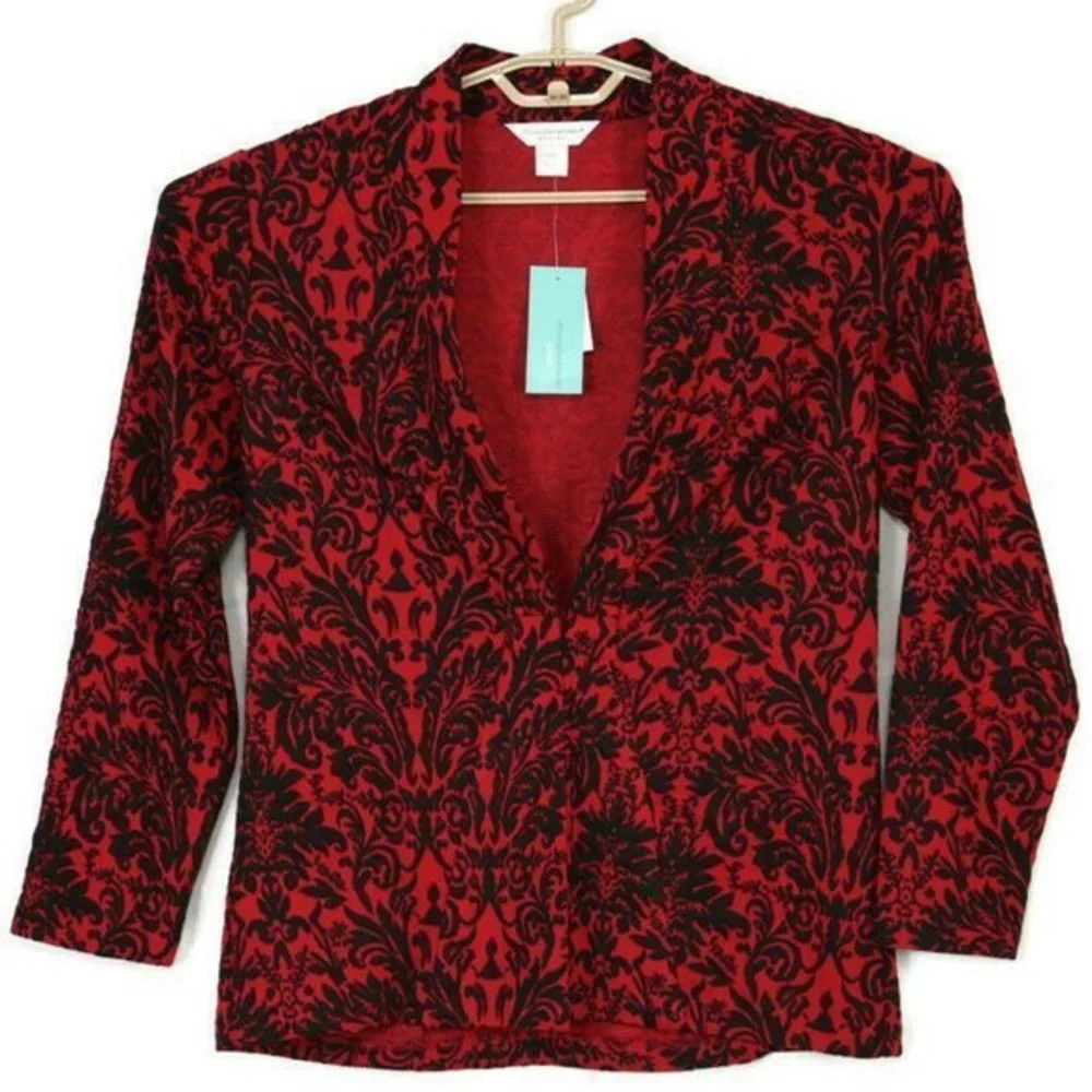 Christopher & Banks Cardigan Jacket Red Black Damask Petite Medium‎ PM